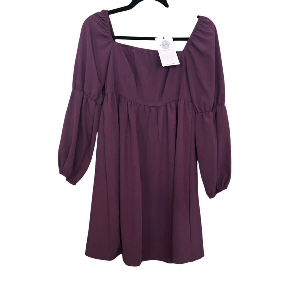 Laluna Purple Mini Dress Smocked Babydoll Long Sleeve Square Neck Size S